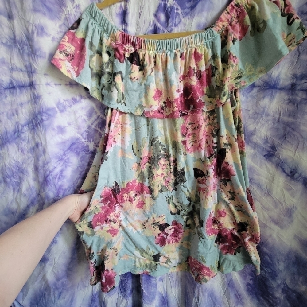 Mts Women's Scrunch Off The Shoulder Floral Blue Mini Dress Size Large - Picture 5 of 9